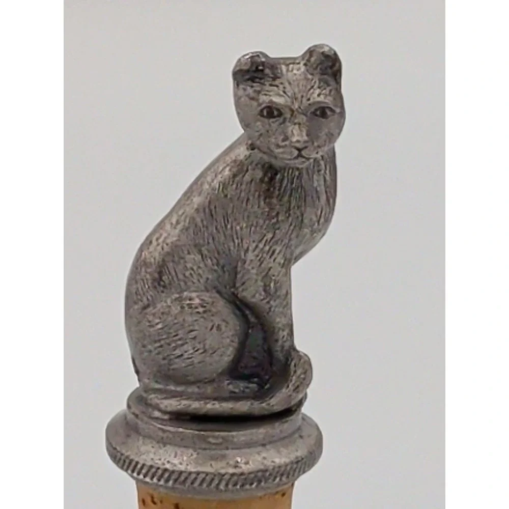 Vintage WTU Heavy Pewter Cat Wine Bottle Stopper with Ring & Chain